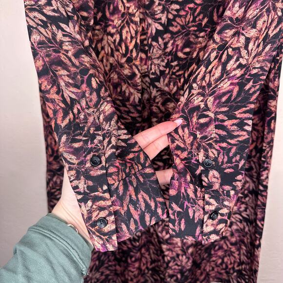 Peruvian Connection Leaf Print Silk Long Sleeve Collared Tunic Shirt Dress Med - Picture 6 of 14